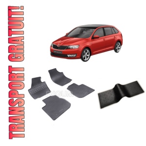 Set 5 covorase SKODA RAPID din 10.2012-03.2019, cu covoras tunel median, CAROSERIE HATCHBACK, Presuri cauciuc 100%, compatibil cu autoturismul SKODA RAPID, Rigum