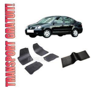 Set 5 covorase VOLKSWAGEN POLO IV din 11.2001-2009, cu covoras tunel median, CAROSERIE SEDAN, Presuri cauciuc 100%, compatibil cu autoturismul VOLKSWAGEN POLO IV, Rigum