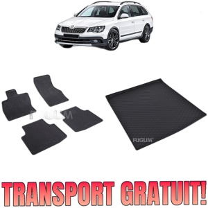 Set Covorase Auto Si Tavita Portbagaj SKODA SUPERB III din 09.2015 - 11.2023, caroserie combi, PORTBAGAJ SUPERIOR, FARA PODEA REGLABILA PE INALTIME