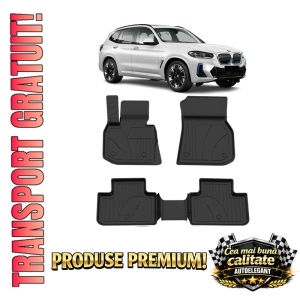 Set covorase BMW iX3 G08 din 2020-2025, covorase presuri tavita auto, cu tunel median intermediar din cauciuc thermoplastic, 4 Stickere auto cu BMW