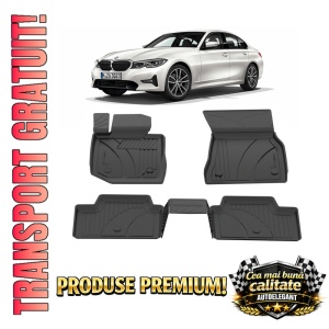 Set covorase BMW Seria 3 G20 din 2018, covorase presuri tavita auto, cu tunel median intermediar din cauciuc thermoplastic, 4 Stickere auto cu BMW