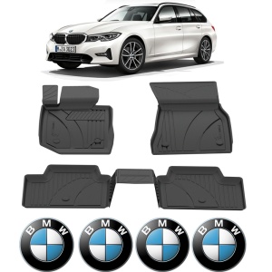 Set covorase BMW Seria 3 G21 din 2018, covorase presuri tavita auto, cu tunel median intermediar din cauciuc thermoplastic, 4 Stickere auto cu BMW - Img 2