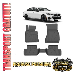 Set covorase BMW Seria 5 G60 din 2023, covorase presuri tavita auto, cu tunel median intermediar din cauciuc thermoplastic, 4 Stickere auto cu BMW