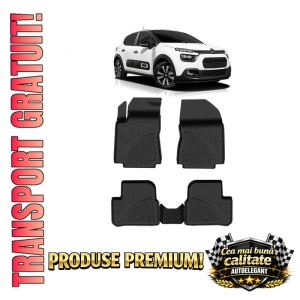 Set covorase Citroen C3 III Hatchback din 2016-2024, covorase presuri tavita auto, cu tunel median intermediar din cauciuc thermoplastic, 4 Stickere auto cu Citroen