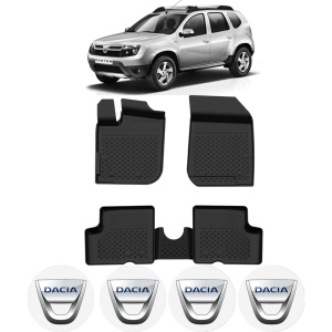 Set covorase Dacia Duster I 4x2 din 2010 - 2013, covorase presuri tavita auto, cu tunel median intermediar din cauciuc thermoplastic, 4 Stickere auto cu Dacia - Img 2