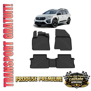 Set covorase Dacia Jogger din 2021, covorase presuri tavita auto, cu tunel median intermediar din cauciuc thermoplastic, 4 Stickere auto cu Dacia