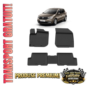 Set covorase Dacia Sandero II din 2013 - 2020, covorase presuri tavita auto, cu tunel median intermediar din cauciuc thermoplastic, 4 Stickere auto cu Dacia