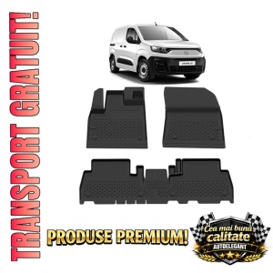 Set covorase Fiat Doblo III din 2022, covorase presuri tavita auto, cu tunel median intermediar din cauciuc thermoplastic, 4 Stickere auto cu Fiat