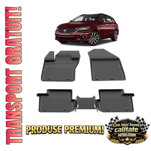Set covorase Fiat Tipo Combi din 2016, covorase presuri tavita auto, cu tunel median intermediar din cauciuc thermoplastic, 4 Stickere auto cu Fiat