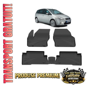 Set covorase Ford C-Max I din 2003 - 2010, covorase presuri tavita auto, cu tunel median intermediar din cauciuc thermoplastic, 4 Stickere auto cu Ford