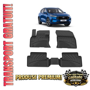 Set covorase Ford Kuga III din 2019, covorase presuri tavita auto, cu tunel median intermediar din cauciuc thermoplastic, 4 Stickere auto cu Ford