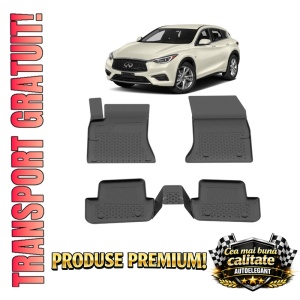 Set covorase Infinity QX30 din 2017, covorase presuri tavita auto, cu tunel median intermediar din cauciuc thermoplastic, 4 Stickere auto cu Infinity