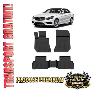 Set covorase Mercedes E-Class W212 din 2009 - 2016, covorase presuri tavita auto, cu tunel median intermediar din cauciuc thermoplastic, 4 Stickere auto cu Mercedes