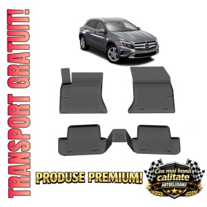 Set covorase Mercedes GLA X156 din 2013-2019, covorase presuri tavita auto, cu tunel median intermediar din cauciuc thermoplastic, 4 Stickere auto cu Mercedes