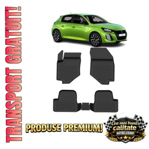Set covorase Peugeot 208 din 2021, covorase presuri tavita auto, cu tunel median intermediar din cauciuc thermoplastic, 4 Stickere auto cu Peugeot
