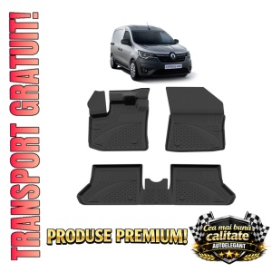 Set covorase Renault Express din 2021, covorase presuri tavita auto, cu tunel median intermediar din cauciuc thermoplastic, 4 Stickere auto cu Renault