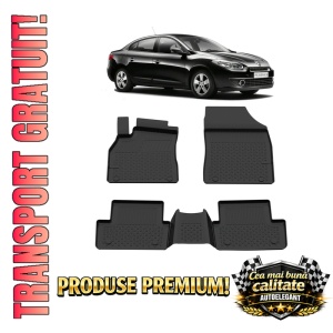 Set covorase Renault Fluence din 2009 - 2015, covorase presuri tavita auto, cu tunel median intermediar din cauciuc thermoplastic, 4 Stickere auto cu Renault
