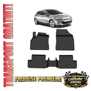 Set covorase Renault Megane III din 2008 - 2015, covorase presuri tavita auto, cu tunel median intermediar din cauciuc thermoplastic, 4 Stickere auto cu Renault