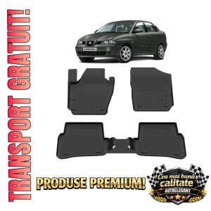 Set covorase Seat Cordoba din 2003 - 2009, covorase presuri tavita auto, cu tunel median intermediar din cauciuc thermoplastic, 4 Stickere auto cu Seat