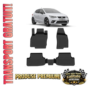 Set covorase Seat Ibiza din 2018, covorase presuri tavita auto, cu tunel median intermediar din cauciuc thermoplastic, 4 Stickere auto cu Seat