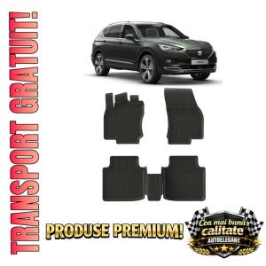 Set covorase Seat Tarraco din 2018, covorase presuri tavita auto, cu tunel median intermediar din cauciuc thermoplastic, 4 Stickere auto cu Seat