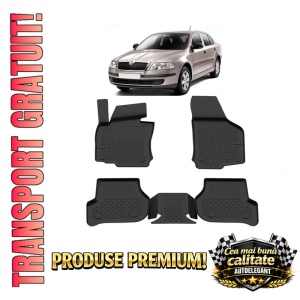 Set covorase Skoda Octavia II din 2005 - 2012, covorase presuri tavita auto, cu tunel median intermediar din cauciuc thermoplastic, 4 Stickere auto cu Skoda