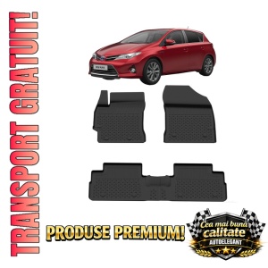 Set covorase Toyota Auris II din 2012-2020, covorase presuri tavita auto, cu tunel median intermediar din cauciuc thermoplastic, 4 Stickere auto cu Toyota