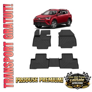 Set covorase Toyota RAV4 din 2018, covorase presuri tavita auto, cu tunel median intermediar din cauciuc thermoplastic, 4 Stickere auto cu Toyota