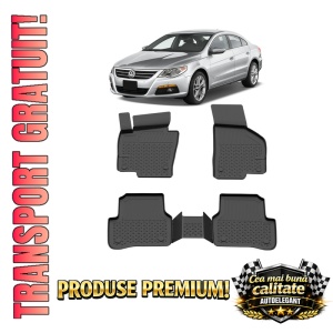 Set covorase Volkswagen Passat CC din 2008 - 2015, covorase presuri tavita auto, cu tunel median intermediar din cauciuc thermoplastic, 4 Stickere auto cu Volkswagen