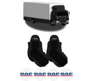 Set Huse Scaune Camion Tir DAF CF 65 din 2001-2013, Auto, Model ELEGANCE S, Culoare Negru, 4x Stickere auto cu DAF