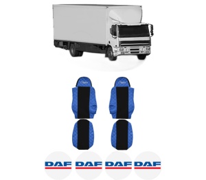 Set Huse Scaune Camion Tir DAF CF 75 din 2001-2013, Auto, Model ELEGANCE Q, Culoare Albastru, 4x Stickere auto cu DAF
