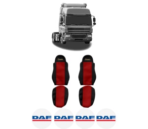 Set Huse Scaune Camion Tir DAF CF 85 din 2001-2020, Auto, Model CLASSIC, Culoare Rosu, 4x Stickere auto cu DAF