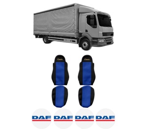 Set Huse Scaune Camion Tir DAF LF 55 din 2001-2009, Auto, Model CLASSIC, Culoare Albastru, 4x Stickere auto cu DAF