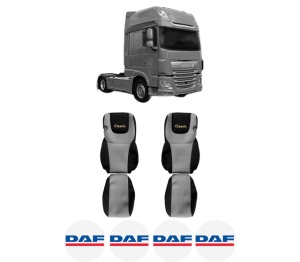 Set Huse Scaune Camion Tir DAF XF 106 din 2012-2017, Auto, Model CLASSIC, Culoare Gri, 4x Stickere auto cu DAF