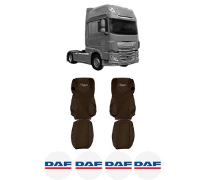 Set Huse Scaune Camion Tir DAF XF 106 din 2012-2017, Auto, Model ELEGANCE Q, Culoare Maro, 4x Stickere auto cu DAF