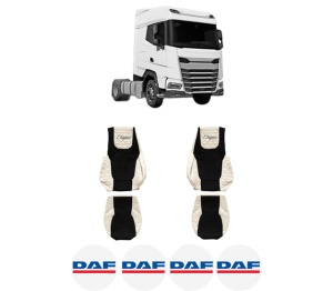 Set Huse Scaune Camion Tir DAF XG din 2021, Auto, Model ELEGANCE Q, Culoare Sampanie, 4x Stickere auto cu DAF