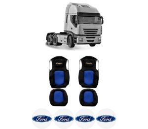 Set Huse Scaune Camion Tir FORD STRALIS II din 2012-2017, Auto, Model CLASSIC, Culoare Albastru, 4x Stickere auto cu FORD