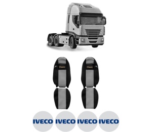 Set Huse Scaune Camion Tir Iveco STRALIS II din 2012-2017, Auto, Model CLASSIC, Culoare Gri, 4x Stickere auto cu Iveco