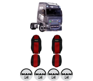 Set Huse Scaune Camion Tir MAN FH16 II din 2012-2014, Auto, Model CLASSIC, Culoare Rosu, 4x Stickere auto cu MAN