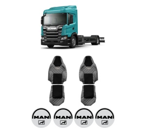 Set Huse Scaune Camion Tir MAN G II din 2017-2023, Auto, Model ELEGANCE Q, Culoare Gri, 4x Stickere auto cu MAN