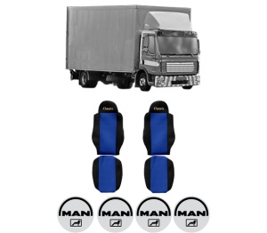 Set Huse Scaune Camion Tir MAN TGL I din 2004-2022, Auto, Model CLASSIC, Culoare Albastru, 4x Stickere auto cu MAN