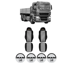 Set Huse Scaune Camion Tir MAN TGS I din 2005-2022, Auto, Model CLASSIC, Culoare Gri, 4x Stickere auto cu MAN