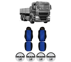 Set Huse Scaune Camion Tir MAN TGS I din 2005-2022, Auto, Model CLASSIC, Culoare Albastru, 4x Stickere auto cu MAN