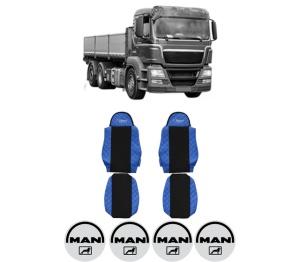 Set Huse Scaune Camion Tir MAN TGS I din 2005-2022, Auto, Model ELEGANCE Q, Culoare Albastru, 4x Stickere auto cu MAN