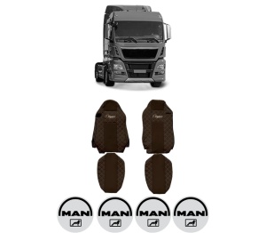 Set Huse Scaune Camion Tir MAN TGX I din 2006-2021, Auto, Model ELEGANCE Q, Culoare Maro, 4x Stickere auto cu MAN