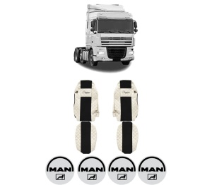 Set Huse Scaune Camion Tir MAN XF 105 din 2005-2013, Auto, Model ELEGANCE Q, Culoare Bej, 4x Stickere auto cu MAN