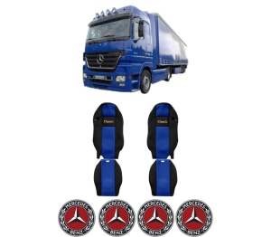 Set Huse Scaune Camion Tir MERCEDES-BENZ ACTROS MP2 / MP3 din 2002-2009, Auto, Model CLASSIC, Culoare Albastru, 4x Stickere auto cu MERCEDES-BENZ