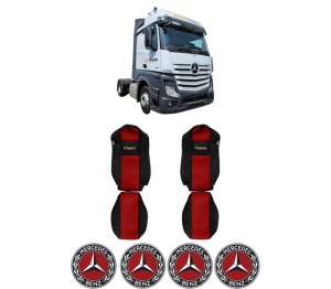 Set Huse Scaune Camion Tir MERCEDES-BENZ ACTROS MP4 / MP5 din 2011-2024, Auto, Model CLASSIC, Culoare Rosu, 4x Stickere auto cu MERCEDES-BENZ