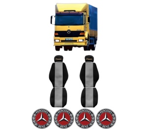 Set Huse Scaune Camion Tir MERCEDES-BENZ ATEGO din 1998-2004, Auto, Model CLASSIC, Culoare Gri, 4x Stickere auto cu MERCEDES-BENZ