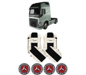 Set Huse Scaune Camion Tir MERCEDES-BENZ FH II din 2012-2017, Auto, Model ELEGANCE S, Culoare Sampanie, 4x Stickere auto cu MERCEDES-BENZ